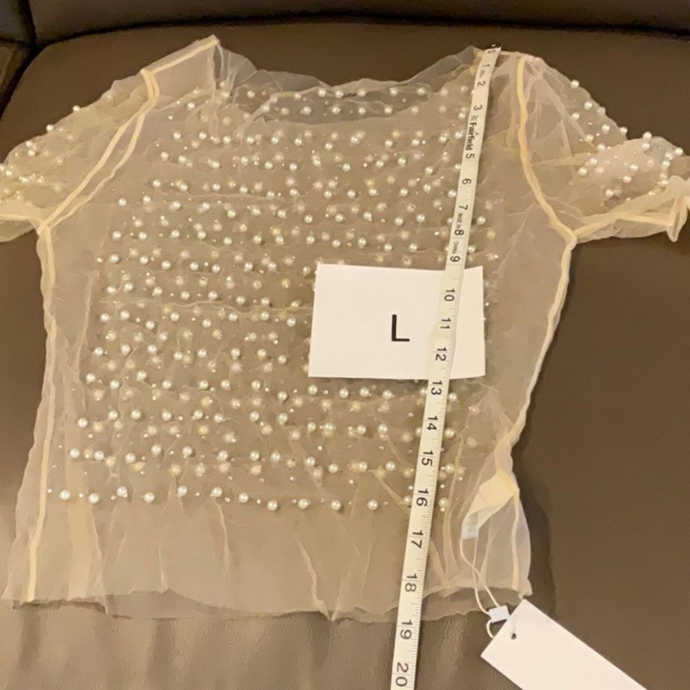Sheer mesh pearl shiny rhinestone long sleeve blouse - Picture 11 of 16